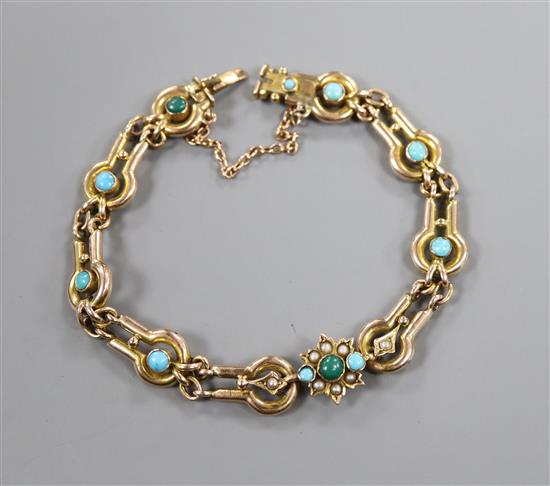 An Edwardian 9ct, turquoise and seed pearl set bracelet,